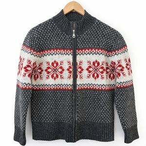 VTG SKYR Nordic Fair Isle 100% Wool Full Zip Cardigan Gray Red Sz L Winter Lodge